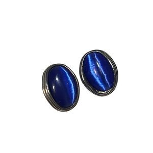 Vintage Mexican Sterling Silver Blue Tigers Eye Clip On Earrings
